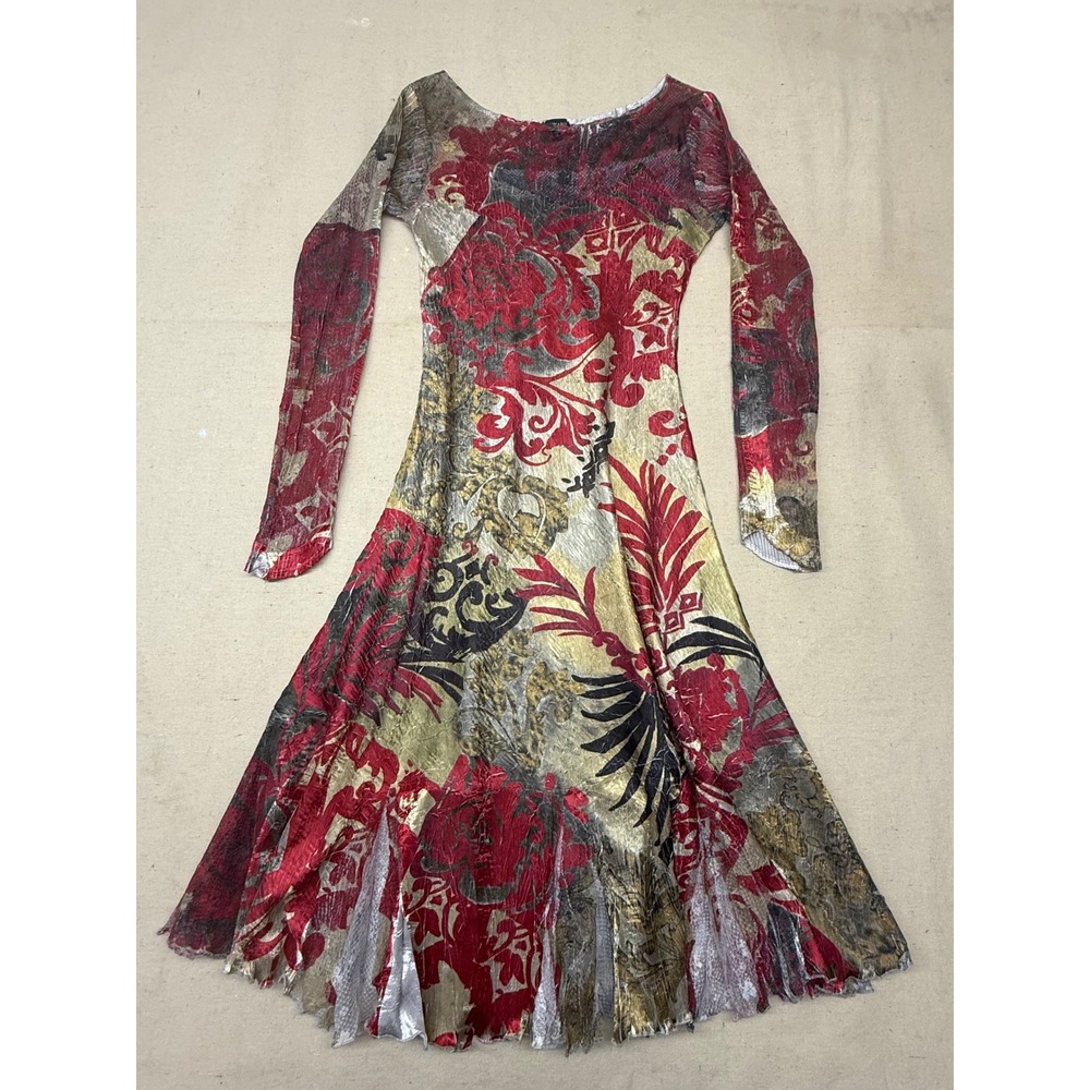 Komarov Red Gold Damask Print Pleated Crinkle Midi Dress Size S Long Sleeve